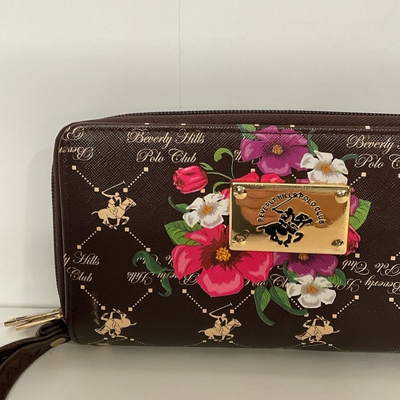 Beverly Hills Polo Club brown logo floral zip vegan leather wristlet wallet - Picture 3 of 14